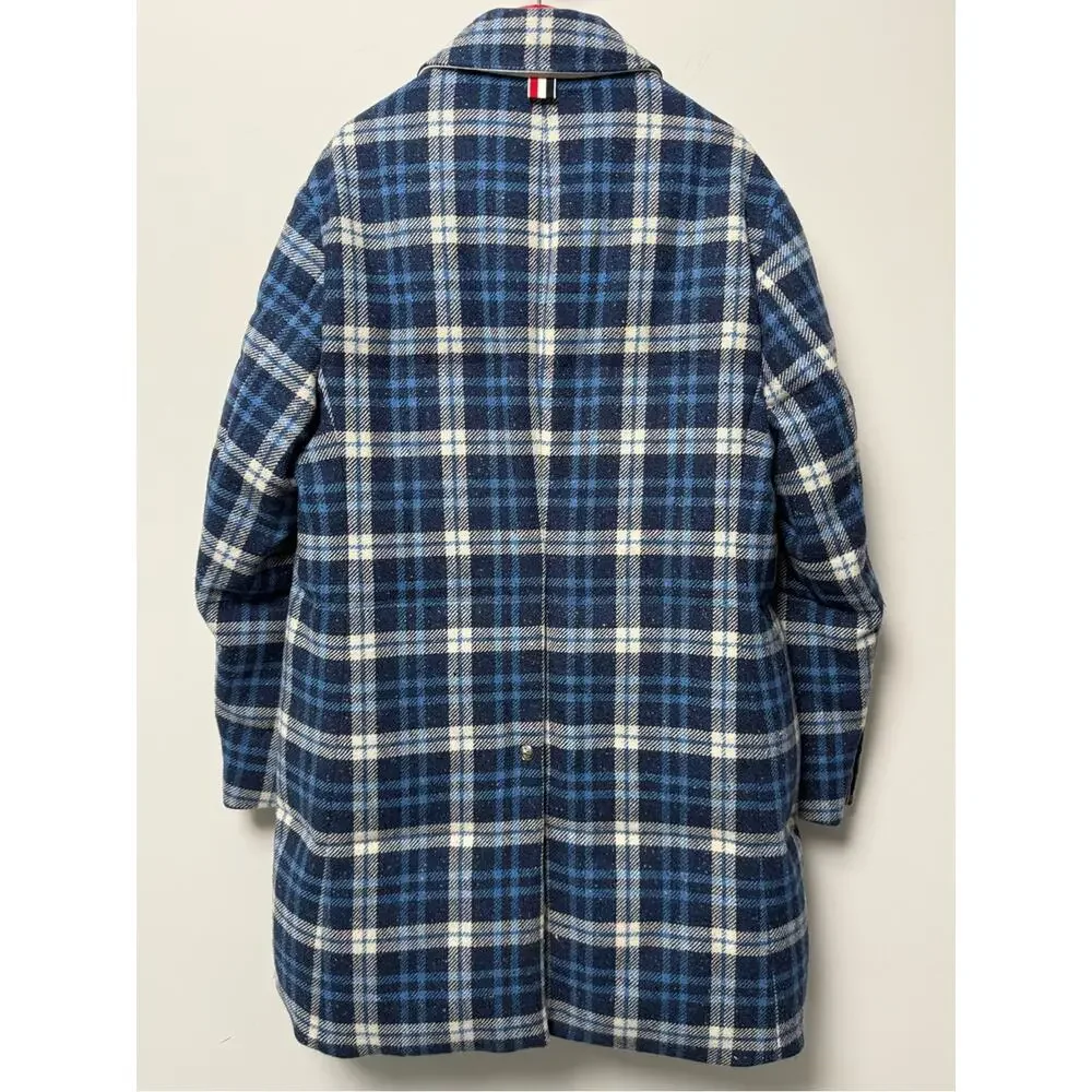 Thom Browne Size 1 Blue Plaid Wool Down Filled Overcoat Made in Italy